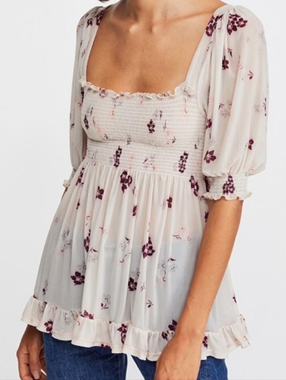 Free People Delta Dawn Sheer Floral Smocked Peasant Top Puff Sleeves White Small